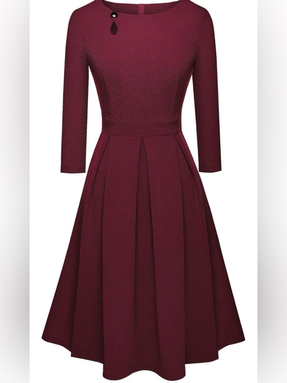 Women's Burgundy A-Line Dress with Three-Quarter Sleeves